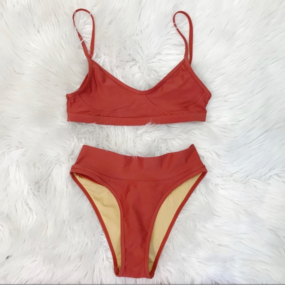 Gnash Swim bikini US 6. Teardrop crop top and dip briefs in rusty orange!
